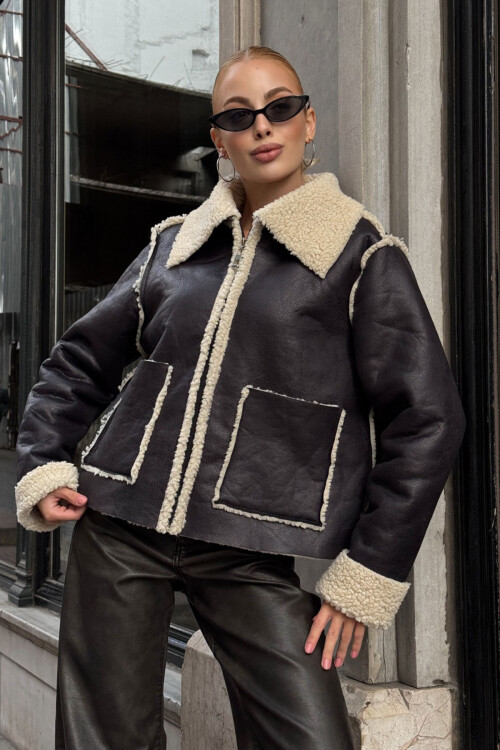 Siyah Çift Cepli İçi Suni Kürklü Biker Ceket BCVL-25V217