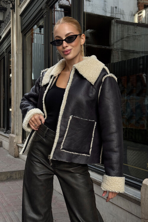 Siyah Çift Cepli İçi Suni Kürklü Biker Ceket BCVL-25V217