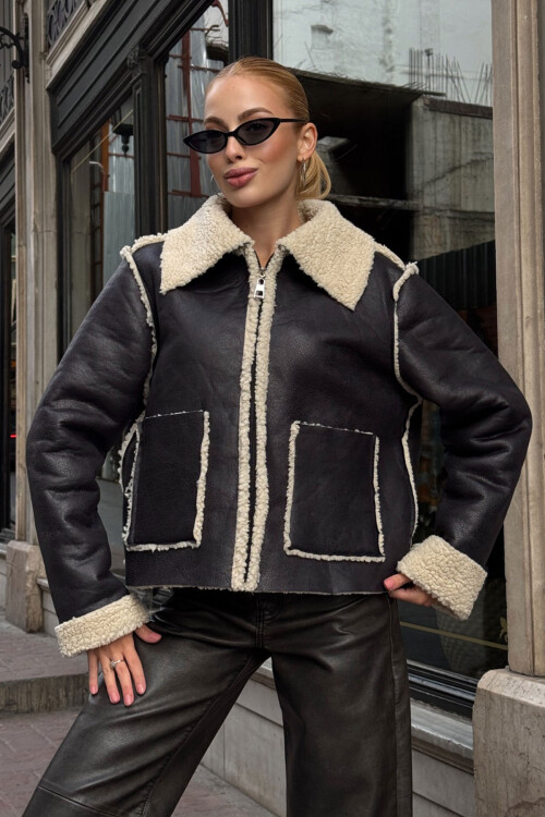 Siyah Çift Cepli İçi Suni Kürklü Biker Ceket BCVL-25V217