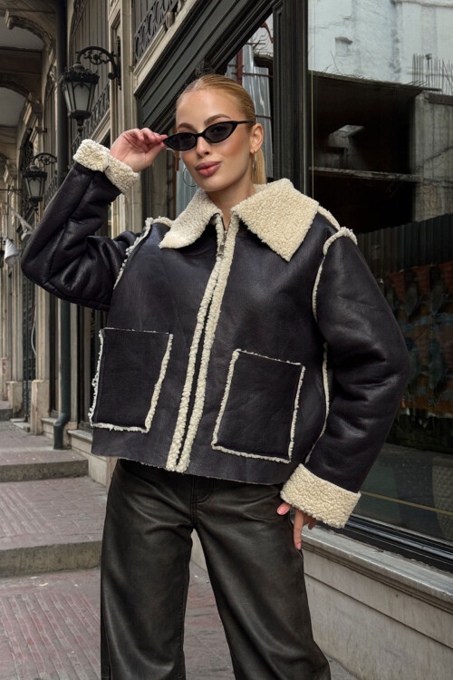 Siyah Çift Cepli İçi Suni Kürklü Biker Ceket BCVL-25V217
