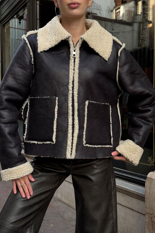Siyah Çift Cepli İçi Suni Kürklü Biker Ceket BCVL-25V217
