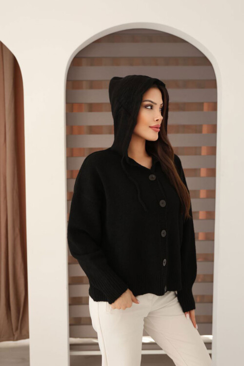 Siyah Düğmeli Kapüşonlu Soft Touch Triko Hırka BCES-253009