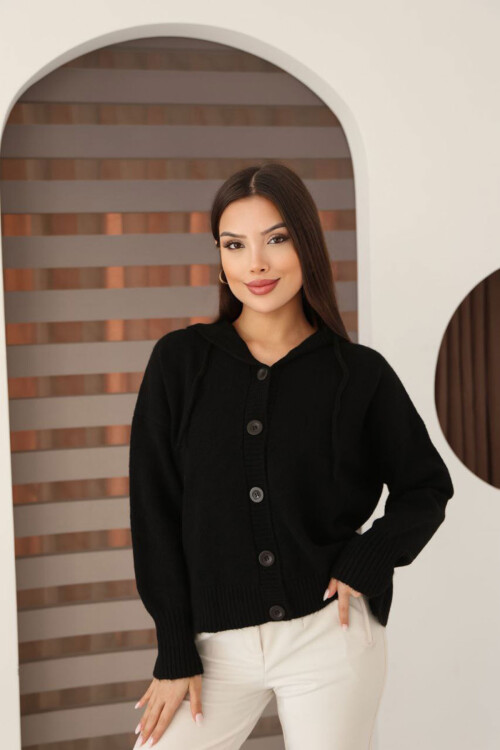 Siyah Düğmeli Kapüşonlu Soft Touch Triko Hırka BCES-253009