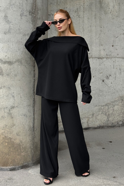 Siyah Düşük Yaka Rahat Kesim Yumuşak Dokulu Bluz Ve Pantolon Alt Üst Takım BCVL-25V234