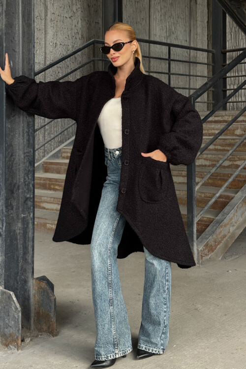 Siyah Geniş Çift Cepli Kalın Buklet Kumaş Kışlık Ceket   BCVL-25V600