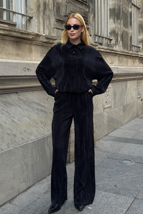 Siyah Gömlek Ve Palazzo Pantolon Piliseli Kumaş Dokuma Alt Üst Takım BCVL-25V236