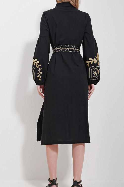 Siyah Hakim Yaka Kemerli Çift Yırtmaçlı Keten Elbise BCHESQ-251042