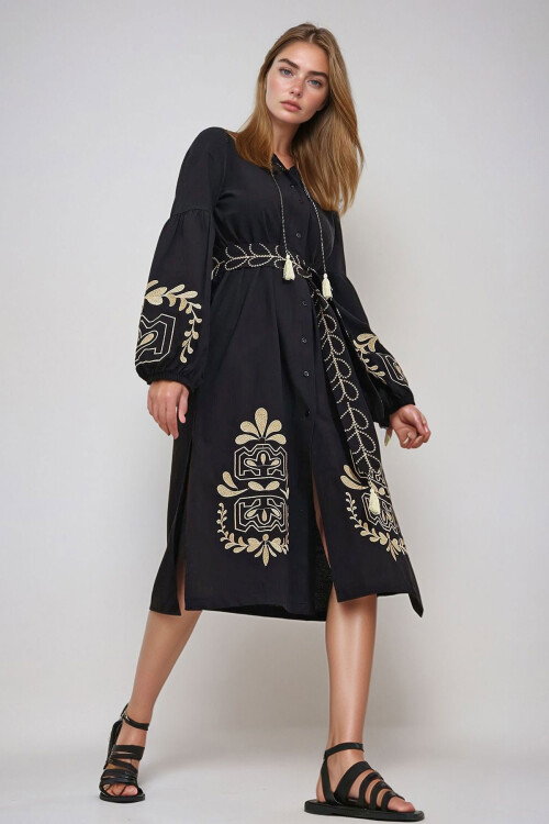 Siyah Hakim Yaka Kemerli Çift Yırtmaçlı Keten Elbise BCHESQ-251042