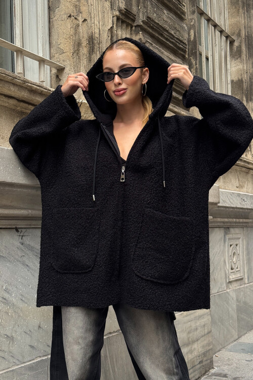 Siyah Kapüşonlu Çift Cepli Oversize Buklet Ceket Kaban BCVL-25V608