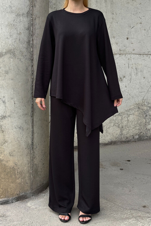 Siyah Rahat Kalıp Asimetrik Bluz Ve Pantolon Modal Kumaş Alt Üst Takım BCVL-25V231