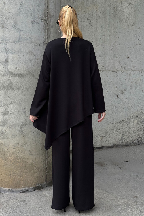 Siyah Rahat Kalıp Asimetrik Bluz Ve Pantolon Modal Kumaş Alt Üst Takım BCVL-25V231