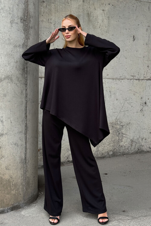 Siyah Rahat Kalıp Asimetrik Bluz Ve Pantolon Modal Kumaş Alt Üst Takım BCVL-25V231