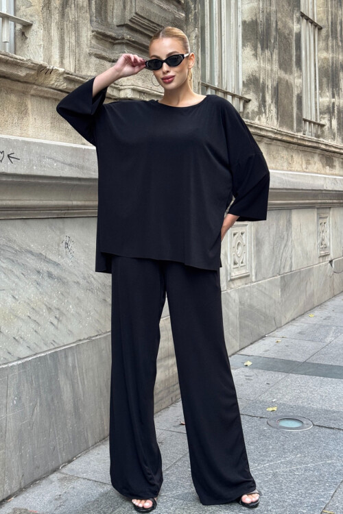 Siyah Rahat Kalıp Bisiklet Yaka Bluz Ve Salaş Pantolon Modal Kumaş Alt Üst Takım BCVL-25V233
