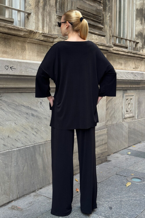 Siyah Rahat Kalıp Bisiklet Yaka Bluz Ve Salaş Pantolon Modal Kumaş Alt Üst Takım BCVL-25V233