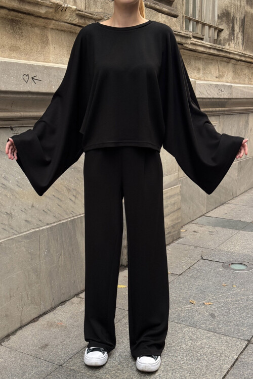 Siyah Rahat Kalıp Yarasa Kol Bluz Ve Salaş Pantolon Modal Kumaş Alt Üst Takım BCVL-25V232