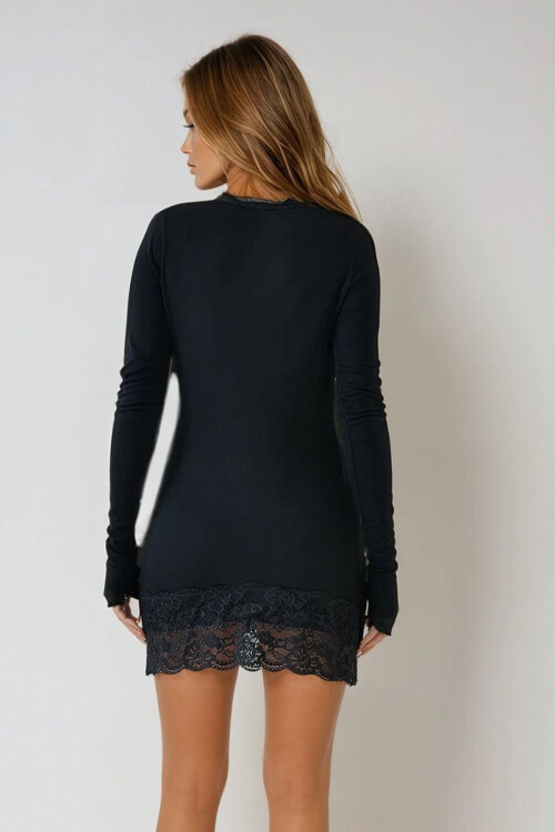 Siyah U Yaka Dantel Detaylı Uzun Kollu Mini Elbise BCHPK-251210