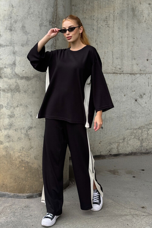 Siyah Yanları Şeritli Yırtmaç Detaylı Yumuşak Dokulu Bluz Ve Pantolon Alt Üst Takım BCVL-25V230