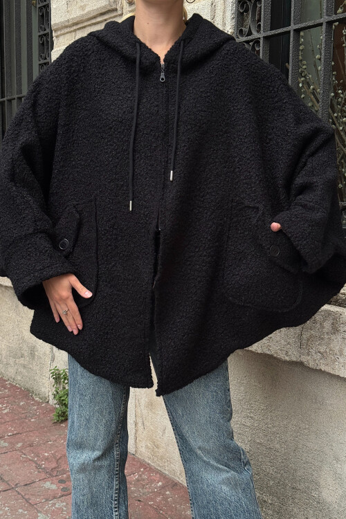 Siyah Yarasa Kol Çift Cepli Oversize Buklet Ceket Mont BCVL-25V601