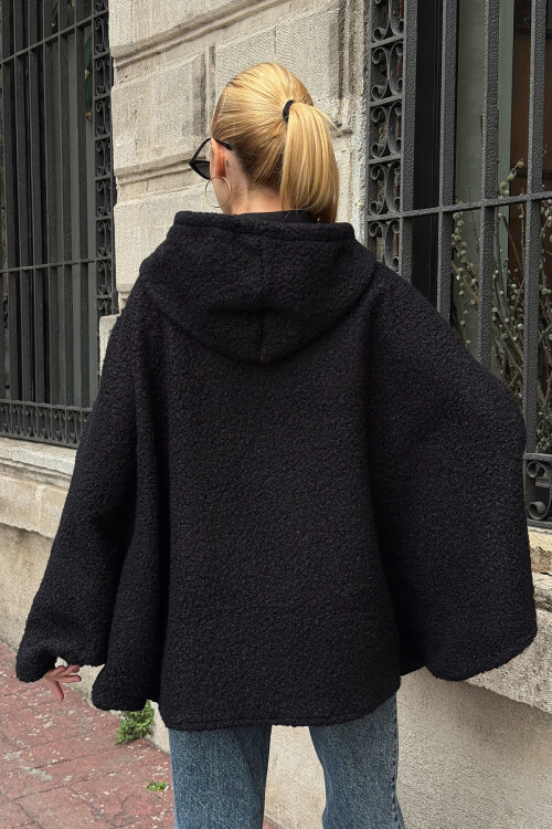 Siyah Yarasa Kol Çift Cepli Oversize Buklet Ceket Mont BCVL-25V601