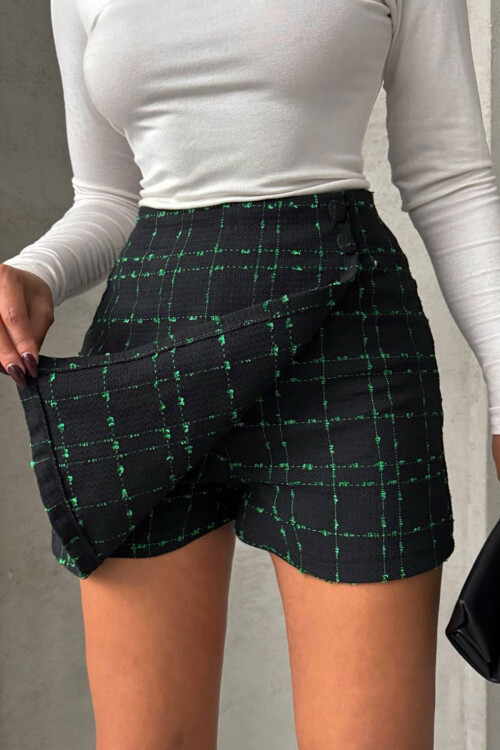 Siyah Yeşil 2 Düğmeli Tüvit Kumaş Şort Etek BCHN-2526414