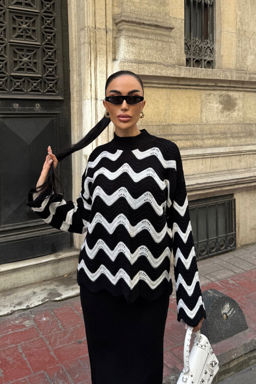 Siyah Zigzak Desenli Kazak Ve Elbise Triko Takım BCDF-25A2247