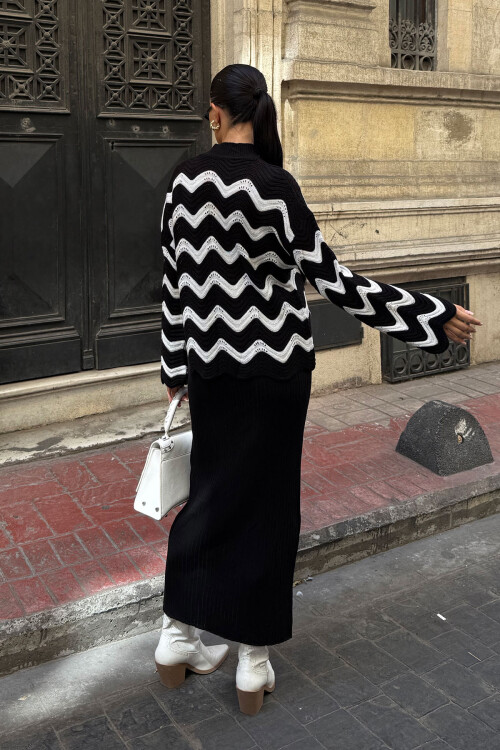 Siyah Zigzak Desenli Kazak Ve Elbise Triko Takım BCDF-25A2247