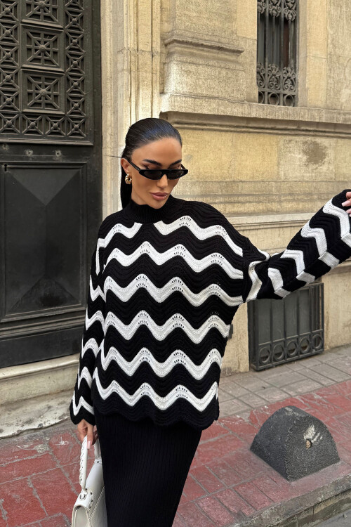 Siyah Zigzak Desenli Kazak Ve Elbise Triko Takım BCDF-25A2247