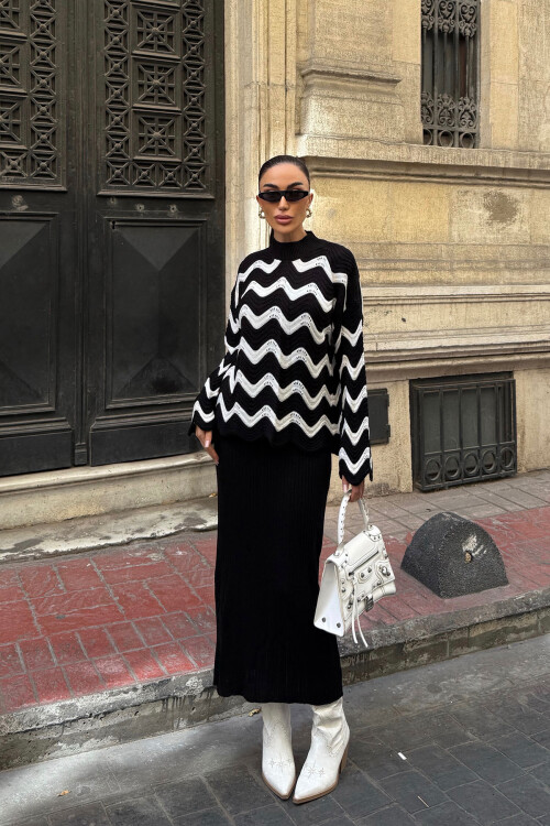 Siyah Zigzak Desenli Kazak Ve Elbise Triko Takım BCDF-25A2247