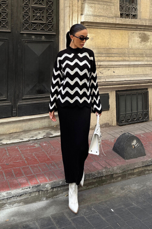 Siyah Zigzak Desenli Kazak Ve Elbise Triko Takım BCDF-25A2247