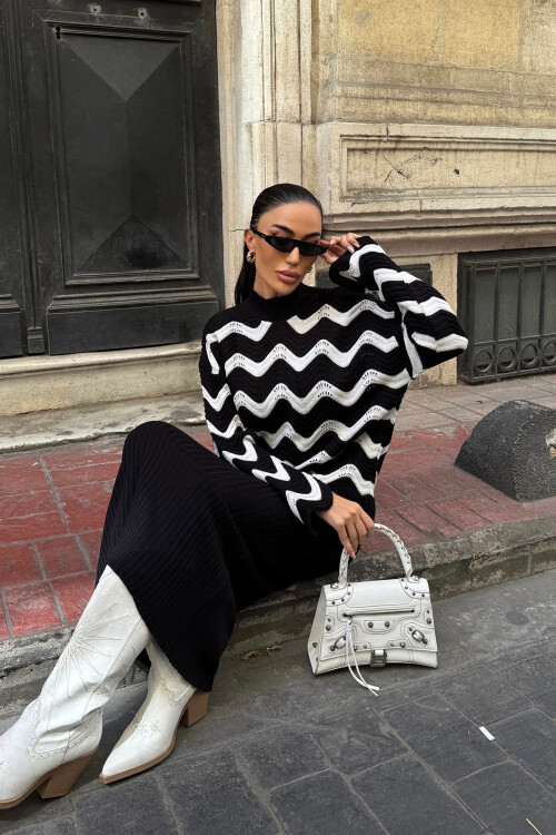 Siyah Zigzak Desenli Kazak Ve Elbise Triko Takım BCDF-25A2247