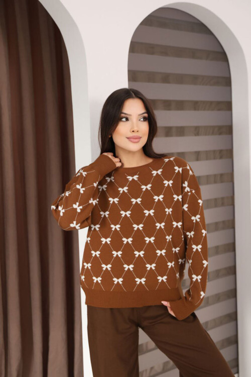 Tarçın Kahve Bisiklet Yaka Fiyonklu Triko Kazak BCES-253012