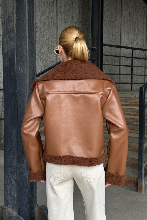 Tarçın Kahve Çift Cepli İçi Suni Kürklü Suni Deri Biker Mont Ceket BCVL-25V700