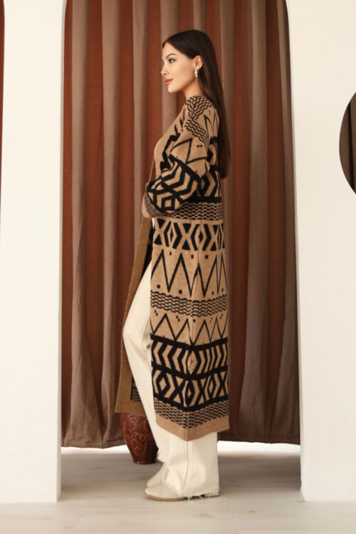 Tarçın Kahve Desenli Saçaklı Uzun Boy Triko Hırka BCES-253001