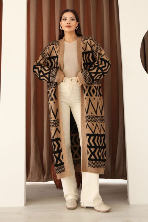 Tarçın Kahve Desenli Saçaklı Uzun Boy Triko Hırka BCES-253001