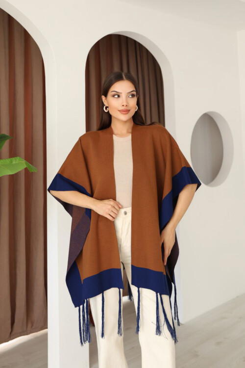Tarçın Kahve Püsküllü Renk Bloklu Kışlık Triko Şal BCES-253005
