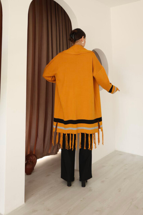 Tarçın Kahve Püsküllü Renk Bloklu Uzun Triko Hırka BCES-253002