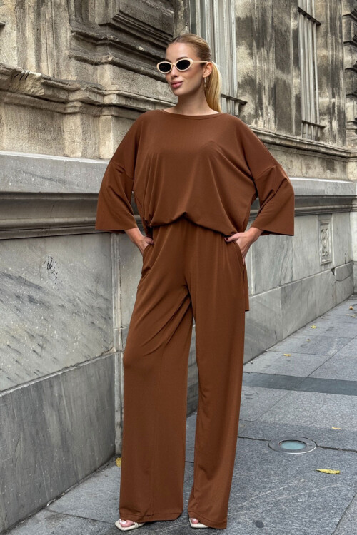 Tarçın Kahve Rahat Kalıp Bisiklet Yaka Bluz Ve Salaş Pantolon Modal Kumaş Alt Üst Takım BCVL-25V233