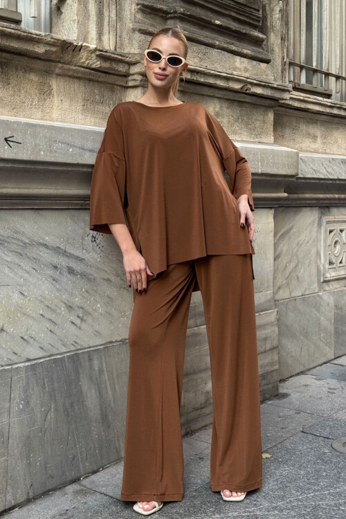 Tarçın Kahve Rahat Kalıp Bisiklet Yaka Bluz Ve Salaş Pantolon Modal Kumaş Alt Üst Takım BCVL-25V233