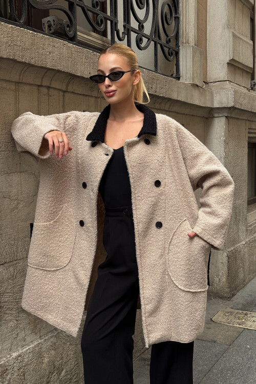 Taş Polo Yaka Çift Cepli Düğme Detaylı Buklet Ceket Kaban BCVL-25V602