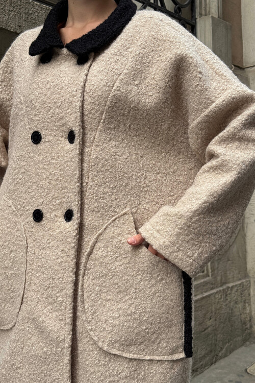 Taş Polo Yaka Çift Cepli Düğme Detaylı Buklet Ceket Kaban BCVL-25V602