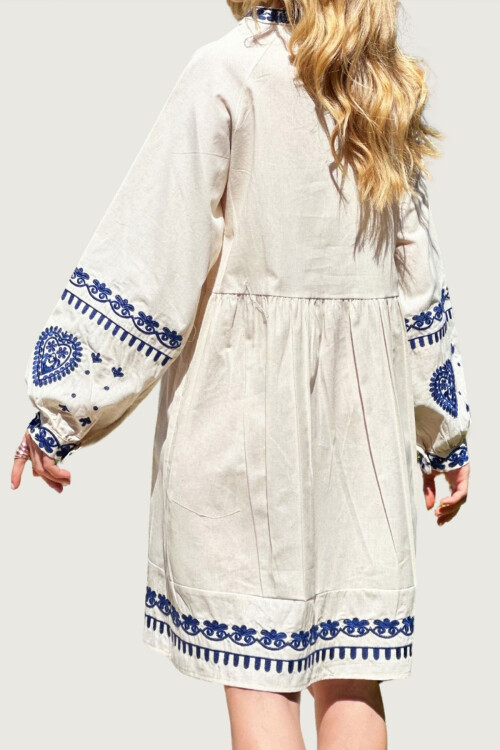 Taş V Yaka Nakışlı Ham Keten Elbise BCHESQ-251055