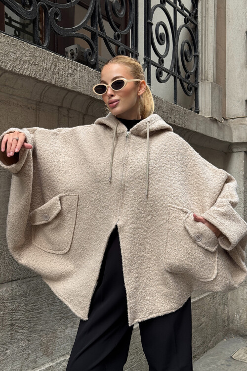 Taş Yarasa Kol Çift Cepli Oversize Buklet Ceket Mont BCVL-25V601