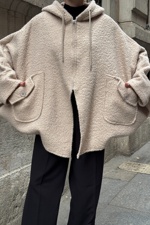 Taş Yarasa Kol Çift Cepli Oversize Buklet Ceket Mont BCVL-25V601