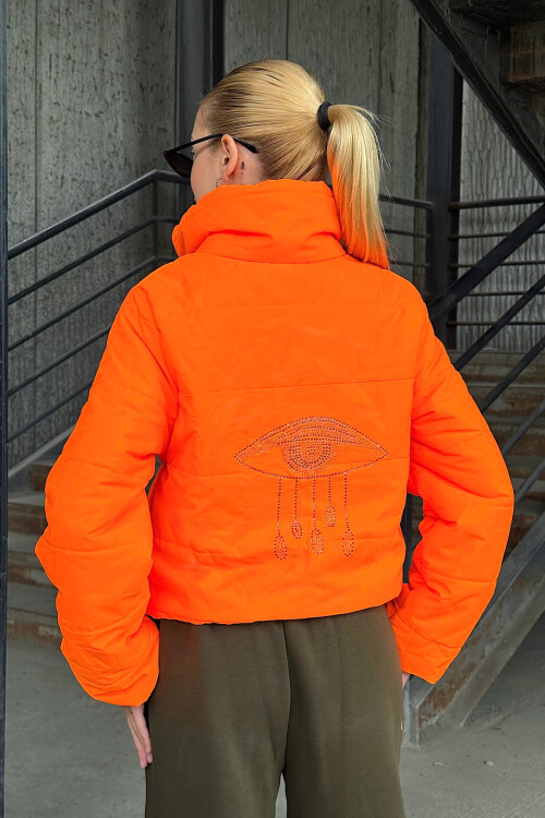 Turuncu Sırtı Taş İşlemeli Crop Şişme Mont BCVL-25N2005