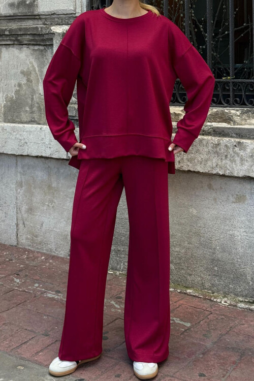 Vişne Bisiklet Yaka Yırtmaç Detaylı Bluz Ve Rahat Kesim Pantolon Modal Alt Üst Takım BCVL-25V215