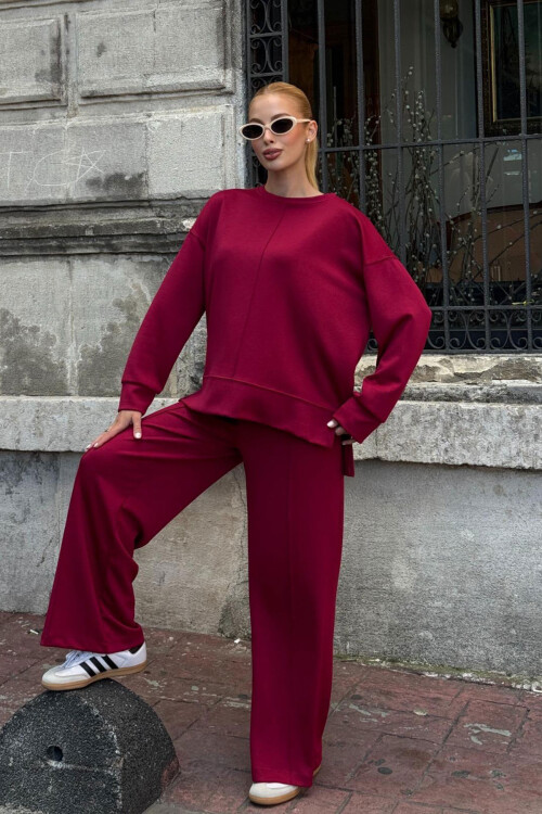 Vişne Bisiklet Yaka Yırtmaç Detaylı Bluz Ve Rahat Kesim Pantolon Modal Alt Üst Takım BCVL-25V215