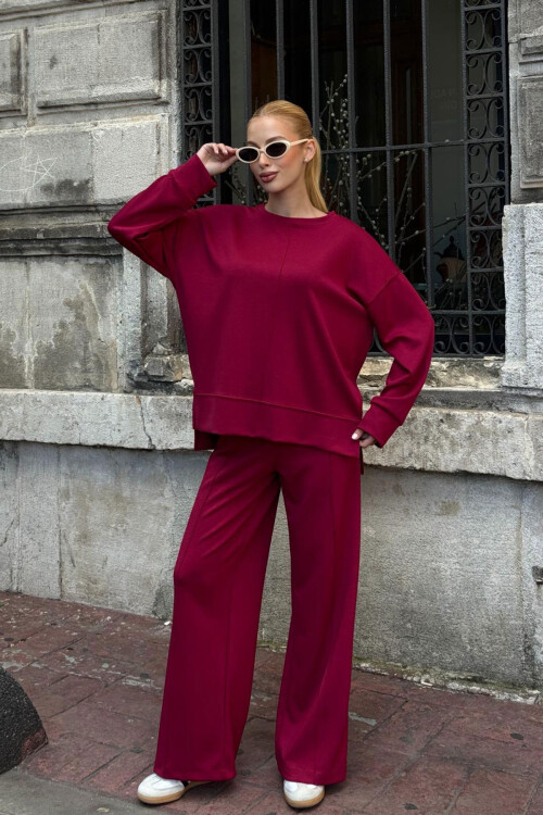 Vişne Bisiklet Yaka Yırtmaç Detaylı Bluz Ve Rahat Kesim Pantolon Modal Alt Üst Takım BCVL-25V215