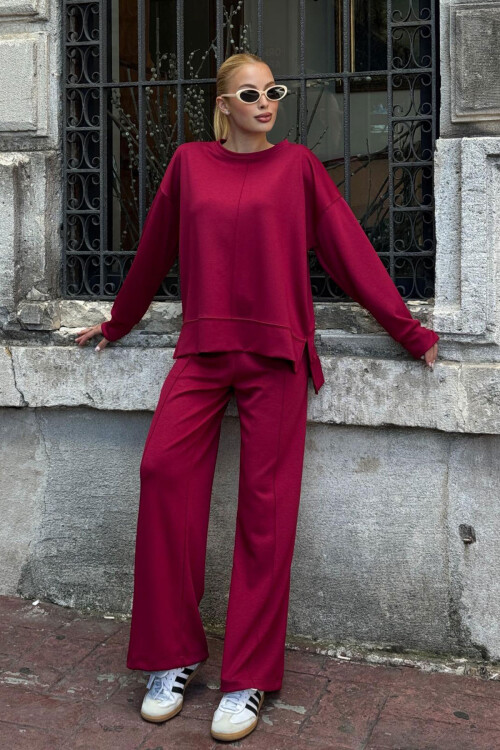 Vişne Bisiklet Yaka Yırtmaç Detaylı Bluz Ve Rahat Kesim Pantolon Modal Alt Üst Takım BCVL-25V215