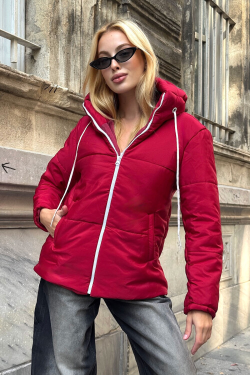 Vişne Kapüşonlu Çift Cepli Mont BCVL-25N115