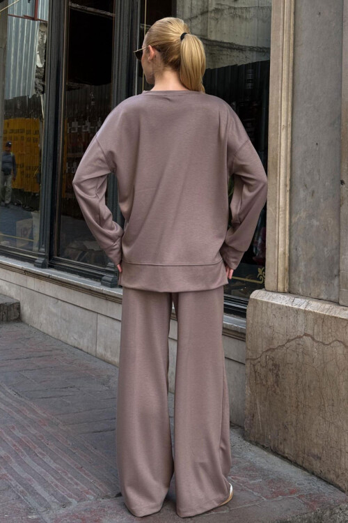 Vizon Bisiklet Yaka Yırtmaç Detaylı Bluz Ve Rahat Kesim Pantolon Modal Alt Üst Takım BCVL-25V215